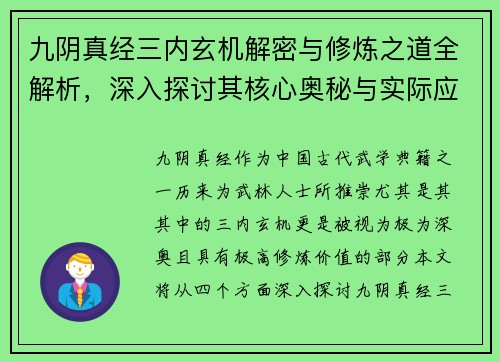 九阴真经三内玄机解密与修炼之道全解析，深入探讨其核心奥秘与实际应用