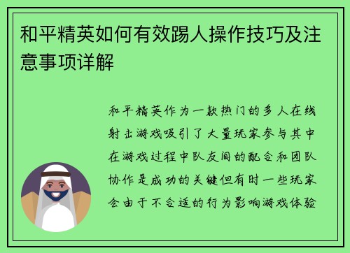 和平精英如何有效踢人操作技巧及注意事项详解